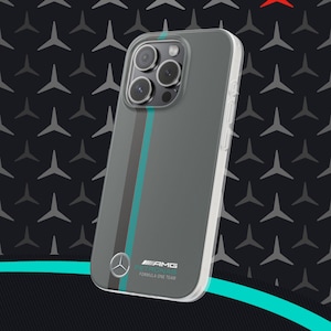 Mercedes AMG F1 Team | Apple iPhone TPU-hoesje | Grijs, koolstofvezel, turkoois | Voor 16/15/14/13/12/11+ (Plus, Pro, Pro Max)