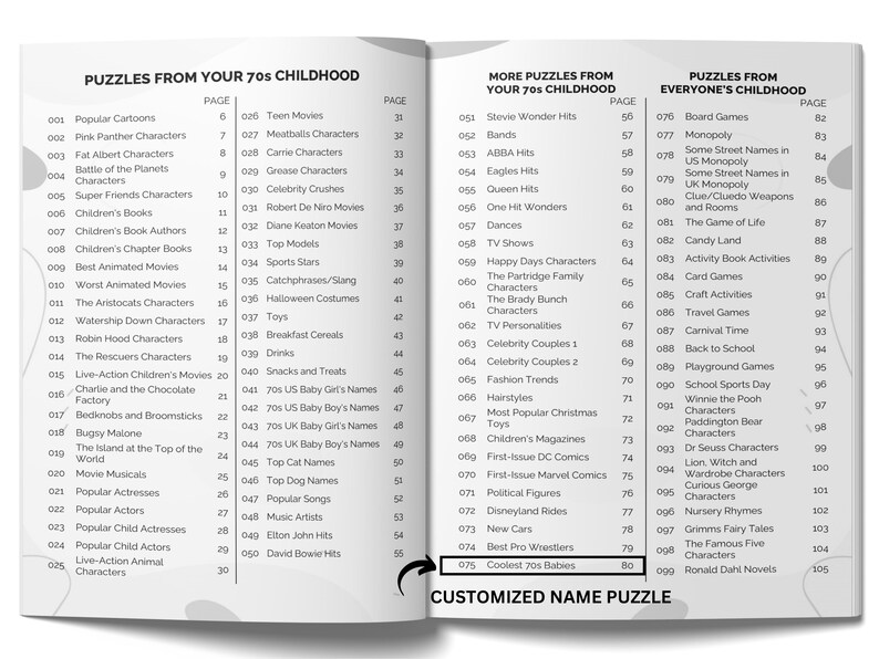 Custom 1970s Word Search Book • Personalized Name Edition • Retro 70s Nostalgia Puzzles for Adults • Unique Birthday or Christmas Gift immagine 4