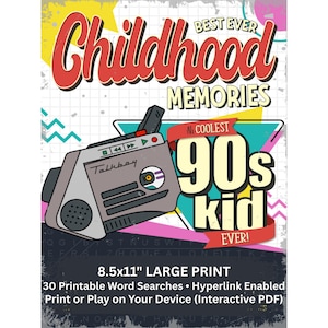 1990s Nostalgic Word Search, 90s Childhood Memories Puzzles, 30 Word Searches Printable, Interactive Hyperlink PDF, Large Print 8.5x11