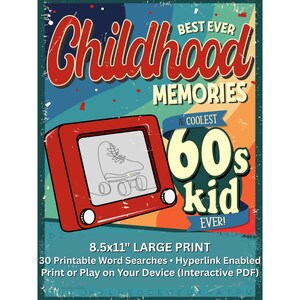 1960年代の懐かしいワードサーチ、60年代の子供時代の思い出のパズル、印刷可能な30個のワードサーチ、インタラクティブハイパーリンクPDF、大判8.5x11