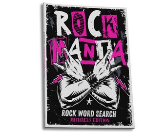 Personalized Rock Music Word Search Book • Custom Name Gift for Rock Lover • 100 Puzzles Featuring 50 Iconic Bands • Hit Songs & Trivia