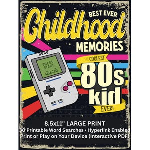 1980年代の懐かしいワードサーチ、80年代の子供時代の思い出のパズル、印刷可能な30個のワードサーチ、インタラクティブハイパーリンクPDF、大判8.5x11