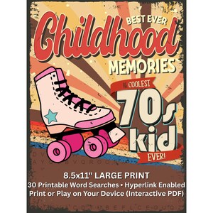 1970年代の懐かしいワードサーチ、70年代の子供時代の思い出のパズル、印刷可能な30個のワードサーチ、インタラクティブハイパーリンクPDF、大判8.5x11