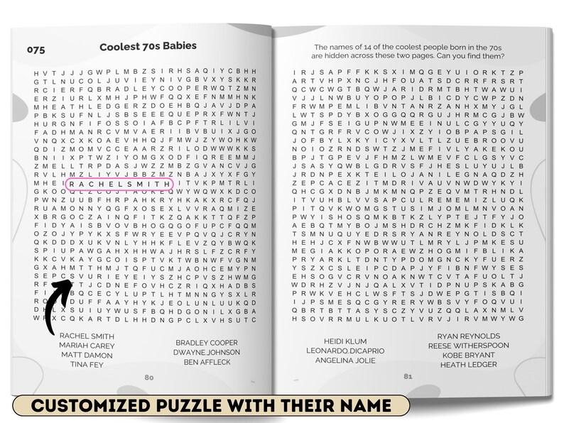 Custom 1970s Word Search Book • Personalized Name Edition • Retro 70s Nostalgia Puzzles for Adults • Unique Birthday or Christmas Gift immagine 3