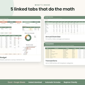 Può includere: Un modello di foglio di calcolo per il budget digitale con 5 schede collegate, tra cui una dashboard per il budget mensile con monitoraggio pianificato rispetto a quello effettivo, una panoramica annuale con totali e un registro transazioni per Excel e Google Sheets.