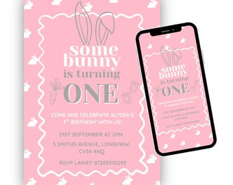 Some Bunny Is Turning One Invitation | Editable Canva Template | 1st Birthday Girl Invite | Printable & Mobile Digital | Instant Download