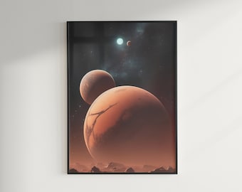 May include: A digital art print depicting a close-up of a red planet with a smaller, orange planet in the background. The planets are set against a dark blue sky with a bright white star and a smaller, red star.