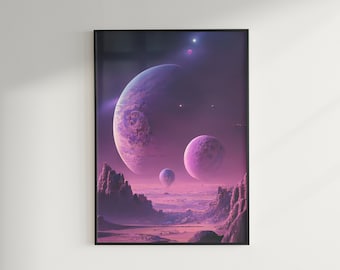 May include: A digital art print depicting a purple and pink landscape with three planets in the sky. The planets are of varying sizes and have a textured surface. The landscape is rocky and has a purple hue.