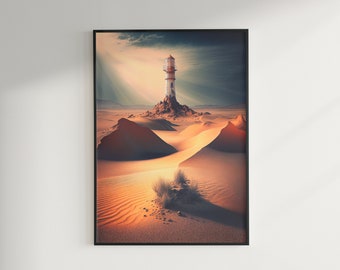 May include: A white lighthouse stands tall on a rocky outcrop in a desert landscape. The sun shines brightly, casting long shadows across the sand dunes.