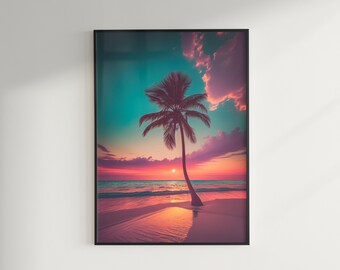May include: A single palm tree stands on a white sandy beach with turquoise water and a pink and purple sunset in the background.