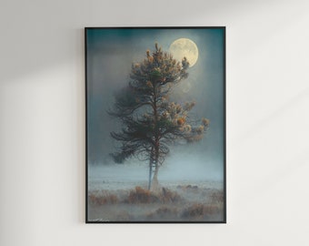 Könnte beinhalten: Ein einzelner Baum steht hoch in einem nebeligen Feld mit einem Vollmond am Himmel. Der Baum hat ein dunkelgrünes Blätterdach und einen dicken Stamm. Der Mond ist strahlend weiß und von einem Heiligenschein aus Licht umgeben.