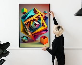 May include: A framed abstract art print featuring a colorful, geometric design of overlapping shapes in shades of blue, green, yellow, orange, pink, and purple. The shapes are arranged in a complex, three-dimensional pattern, creating a sense of movement and depth.