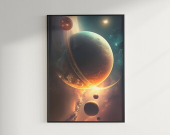 May include: A digital art print depicting a vibrant orange and blue planet with rings, surrounded by a swirling nebula of stars and gas.