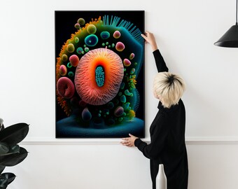 May include: A framed abstract art print featuring a colorful, organic, 3D-like design with a central, circular, orange and pink shape surrounded by smaller, multi-colored spheres.