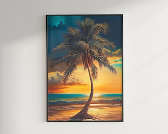 May include: A painting of a palm tree on a beach at sunset. The sky is a mix of blue, orange, and pink. The palm tree is silhouetted against the sunset.