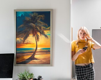 May include: A woman in a yellow shirt and black and white checkered pants stands in a doorway, holding a black smartphone. A framed painting of a palm tree on a beach at sunset hangs on the wall behind her.