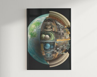 May include: A framed print depicting a cross-section of Earth, revealing internal structures. The left side shows the planet's surface with continents and oceans. The right side reveals a complex, architectural interior with spheres and geometric shapes.