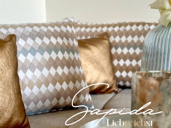 SAPIDA Dekokissen | Jacquard Kissen vegan | Beige Blau Grau | Unikat mit Füllung | Boho Kissenhülle handmade