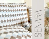 SENARA Dekokissen | Jacquard Kissen vegan | Beige Blau Grau | Unikat mit Füllung | Boho Kissenhülle handmade