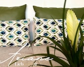 ARIANE Dekokissen | Kissen mit Pfauenauge-Ornamenten | Farbverlauf Mint, Türkis, Blau, Petrol | handgefertigt | Baumwolle mit Struktur
