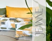 JEANNE Dekokissen | Handgemachtes Kissen mit Pinselstrich-Design in Weiß, Oliv, Braun & Beige | Länglich | modern