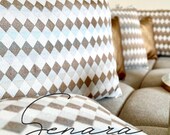 SENARA Dekokissen | Jacquard Kissen vegan | Beige Blau Grau | Unikat mit Füllung | Boho Kissenhülle handmade