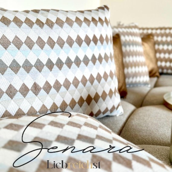 SENARA Dekokissen | Jacquard Kissen vegan | Beige Blau Grau | Unikat mit Füllung | Boho Kissenhülle handmade