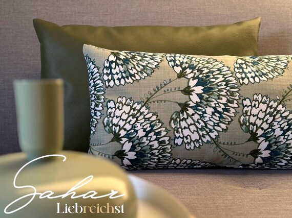 SAHAR Dekokissen | Handgemachtes Zierkissen mit floralem Design in pudrigem Mint, Olivgrün, Petrol & Creme | Baumwolle