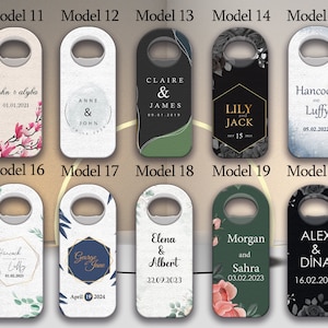May include: Ten different designs for bottle openers with various floral and geometric patterns. Each opener features a different couple's names and wedding date. The openers are white, black, green, and blue.