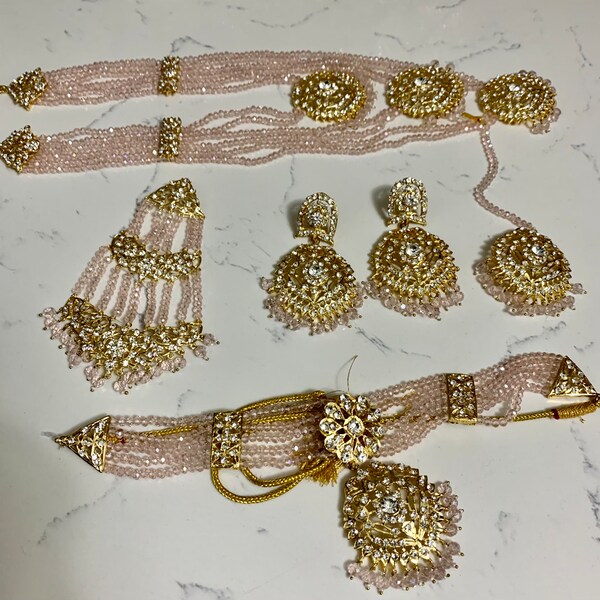 Light Pink Hyderabadi Indian Jewellery jewelry set, two necklaces, with tikka and passa