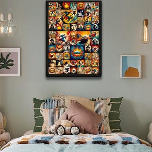 Arte murale a tema fumetti retrò - Grande tela pop art vintage, collage di supereroi colorati, decorazione murale di metà secolo per soggiorno, sala giochi