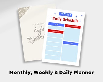 Daily Weekly and Monthly Planner, Monthly Planner, Weekly Planner, Daily Planner, printable planner, Printable PDF, Undated Monthly Planner