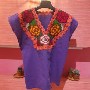 Traditional Mexican Purple Blouse - Embroidery Colorful Flowers