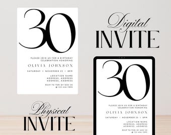 Editable 30th Birthday Invitation | Modern Canva Template | Digital Download | Minimalist Birthday Party Invite