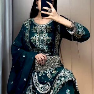 Navy Blue Embroidered Georgette Pakistani Suit: 3-Piece Party Wear