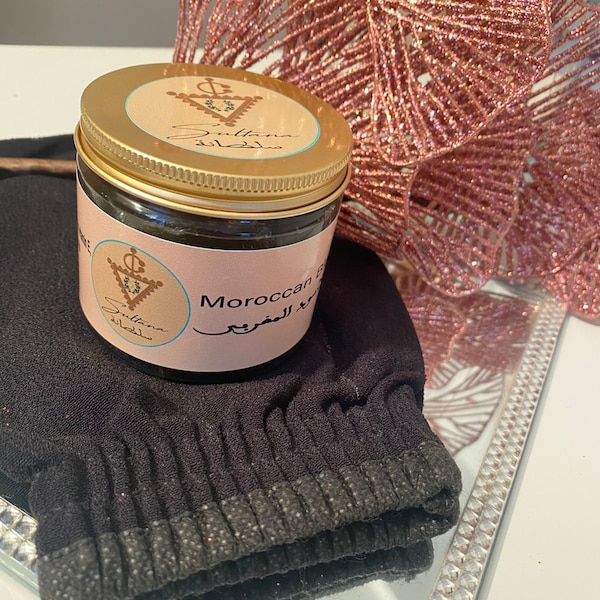 Set of Moroccan Black Soap with Organic Argan Oil + Scrub Glove for Hammam Glove (Kessa)