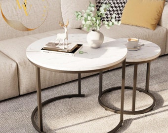 Round Coffee Table Side Table Set of 2 for Living Room Bedroom Balcony, White Faux Marble Wooden Table 3 IN 1 with Black Steel Frame
