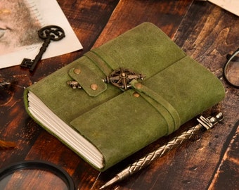 Leather Journal Handmade  White Pages, Metal Key Closure, Recycled Paper, Green Leather-Sketchbook Perfect Companion for Men and Women