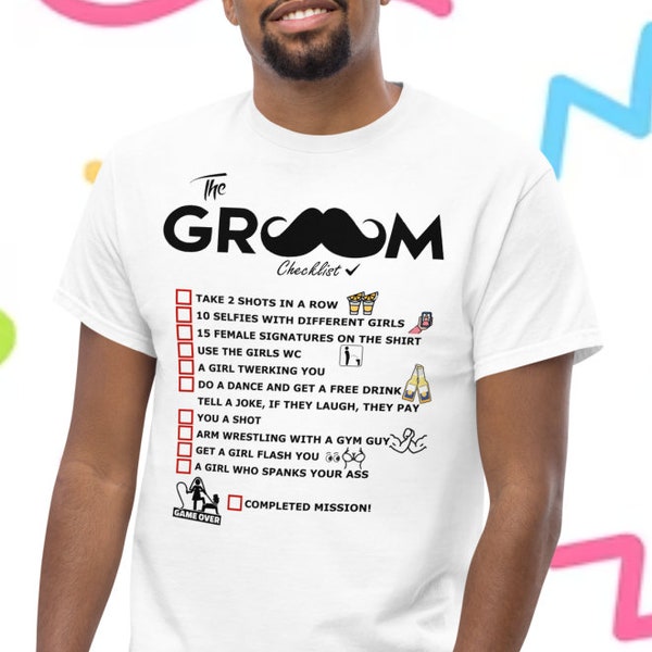 Bachelor Party Checklist File. Checklist to stick on bachelor party t-shirt. Men Bachelor Party Accessory.