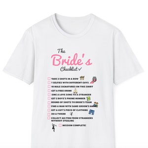 Archivio dell'elenco di verifica della spedizione di soccorso. Camiseta para festa da noiva. Accessorio di spedizione per il solteiro femminile.
