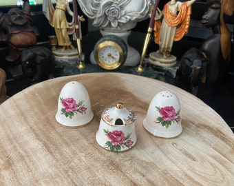 Vintage Salt And Pepper Shaker And Mustard Little Pot] Floral Old Country Roses Made In London