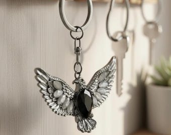 Crystal Eagle Keychain, Rhinestone Phoenix Bird Bag Charm, Sparkly Statement Keychain with Black Gem, Gothic Purse Accessory, Gift Idea