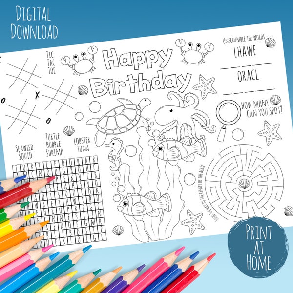 Under The Sea Birthday Activity Page Coloring Sheet Party Placemat