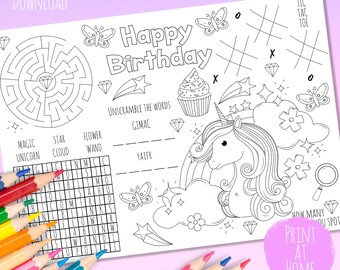 Unicorn Birthday Activity Page Coloring Sheet Party Place mat