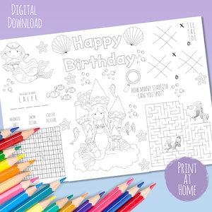 Mermaid Birthday Activity Page Coloring Sheet Party Placemat