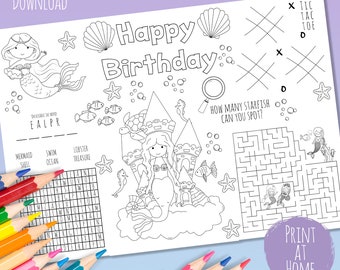 Mermaid Birthday Activity Page Coloring Sheet Party Placemat