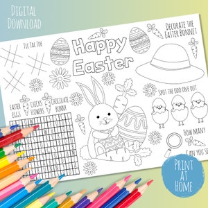 May include: A black and white printable coloring page with an Easter theme. The page features a bunny holding an Easter egg, a tic-tac-toe game, a word search, a spot the difference game, and a decorate the Easter bonnet activity. The text "Happy Easter" is at the top of the page.