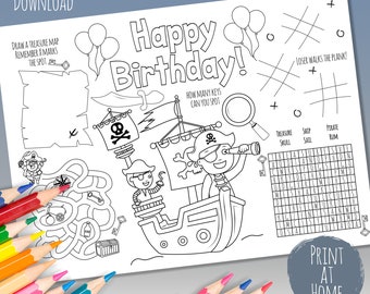 Pirate Birthday Activity Page Coloring Sheet Party Placemat