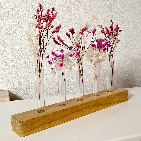 Blumenvase aus Holz mit Reagenzglas, Vase für Trockenblumen, Flowerboard, Wohndeko Holz