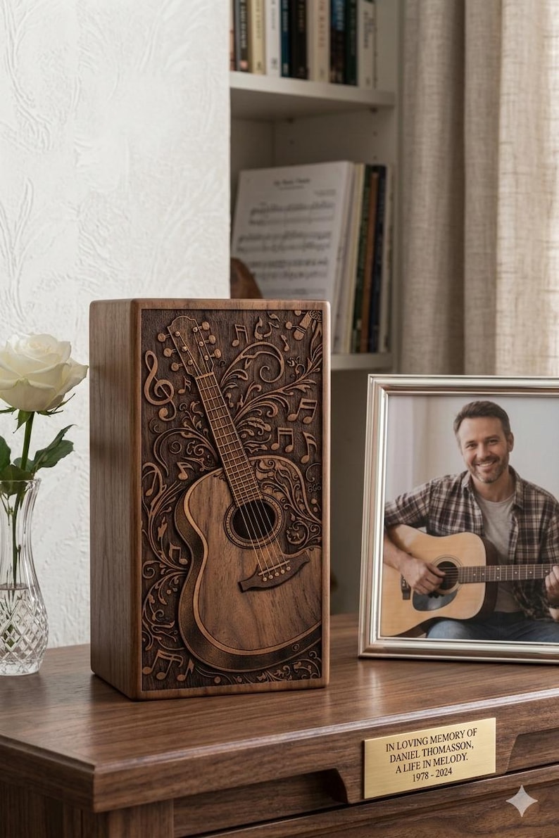 Artistic guitar urn box for human ashes